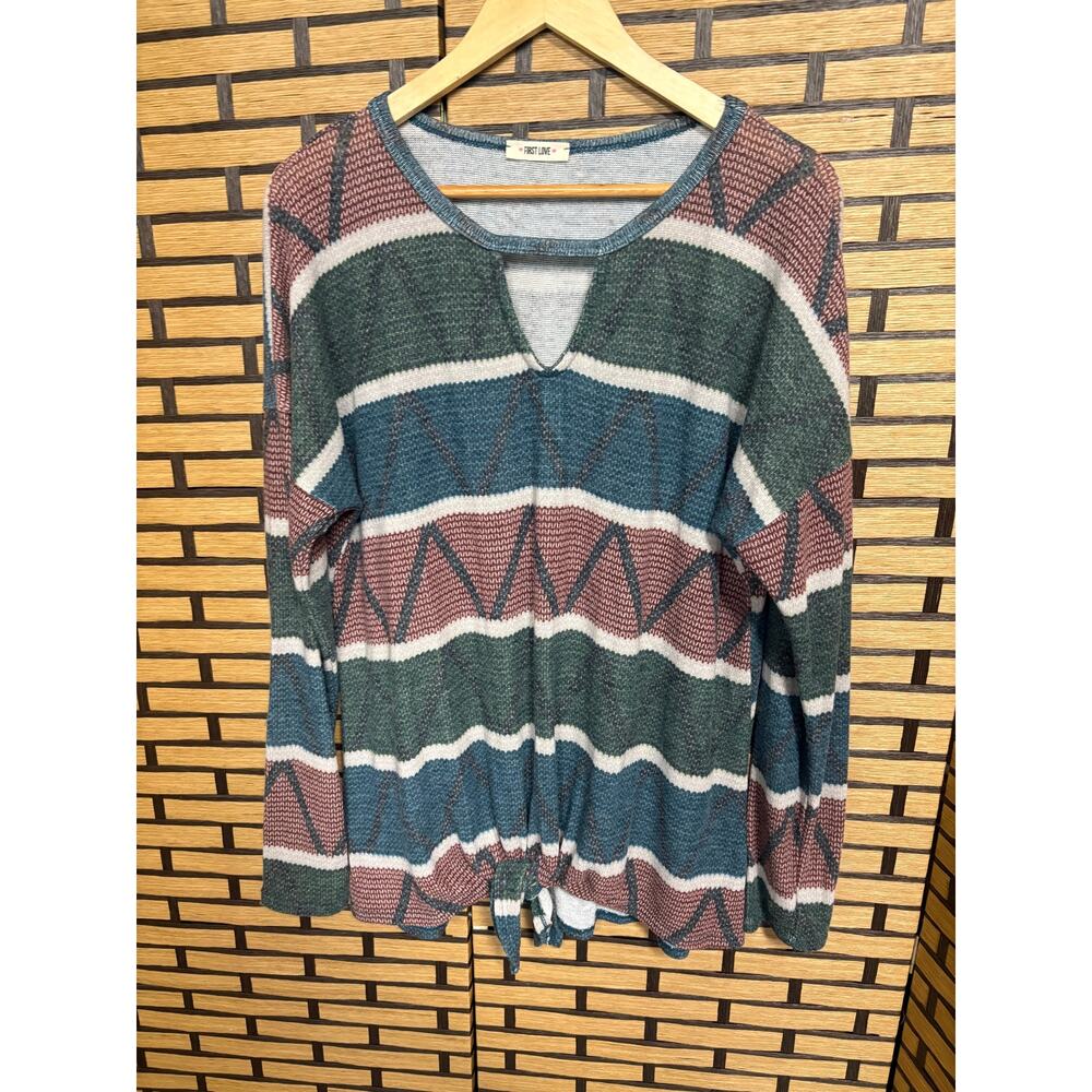 First Love Burgundy Stripe Tie Hem Top Size Large